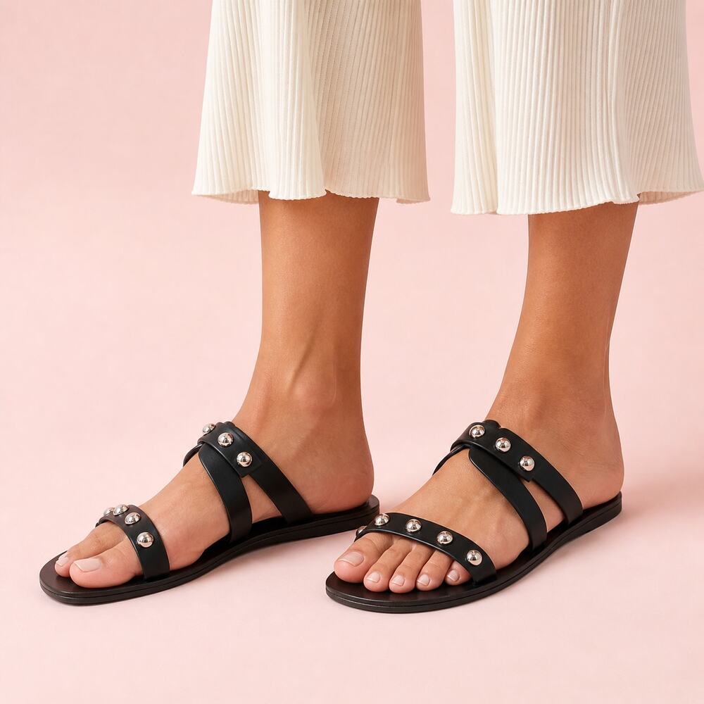 Marc Fisher Burlina Studded Flip Flops Sandals Womens 7 Black Faux Leather Flats